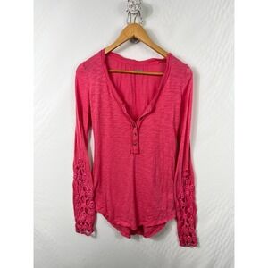 Mudd Crochet Sleeve Cuff Henley Button Shirt Pink Small Y2K‎